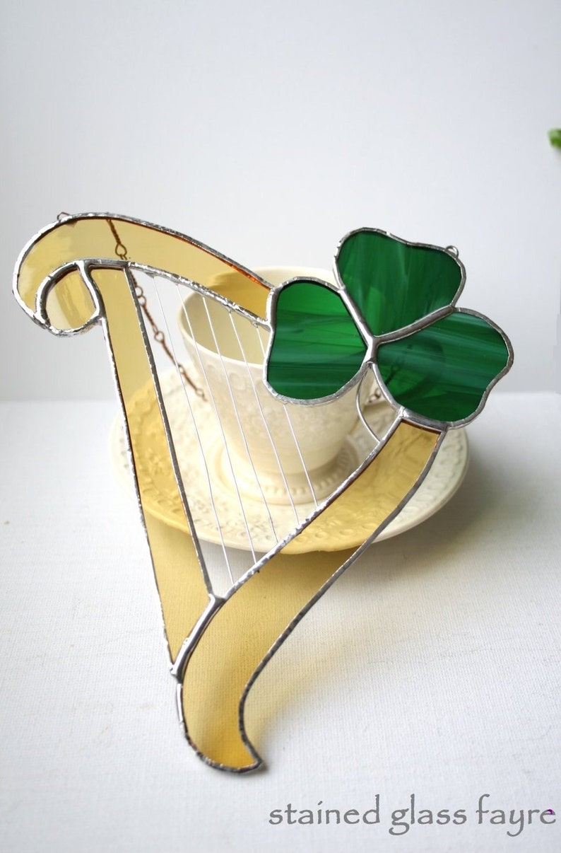 Irish Harp and Shamrock Stained Glass Suncatcher Irish decor Etsy