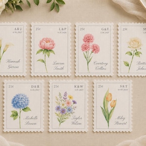May include: Seven rectangular postage stamp designs featuring watercolor floral illustrations, including calla lilies, a peony, carnations, a rose, a hydrangea, a wildflower bouquet, and tulips, with printed names, dates, and 25c denominations.
