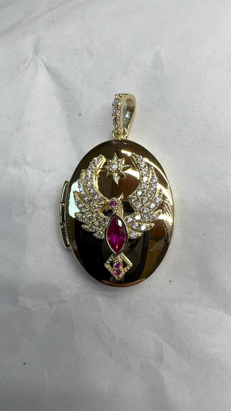 14K Gold Phoenix Bird Locket Necklace - Engraved Photo Frame Pendant ...