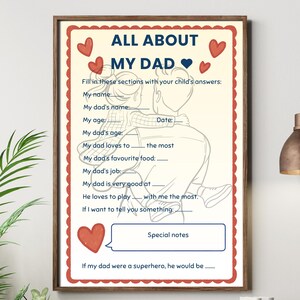 All About My Dad Printable | Father’s Day Kids Activity|Personalized Dad | Fill in the Blanks Gift from Child | Editable Father's Day Card