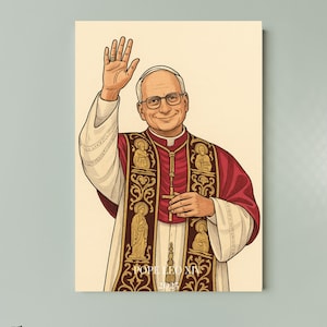 Può includere: Ritratto incorniciato di un uomo in abito religioso, che saluta con la mano destra. L'opera presenta una veste rossa e oro, una veste bianca e occhiali. Lo sfondo è di colore beige chiaro.