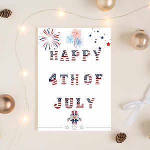 Tarjeta imprimible del 4 de julio de EE. UU. – Tarjeta de felicitación patriótica del Día de la Independencia – Letras de la bandera de EE. UU. con fuegos artificiales – Descarga instantánea