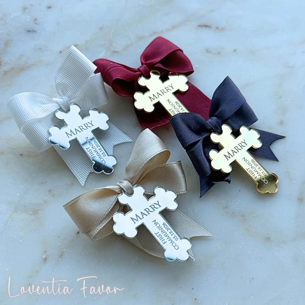 Personalized First Communion Tags for Favors, Custom Acrylic Cross Tags with Bows, Baptism Confirmation Gift Tags, Religious Event Decor