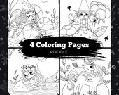 4 Pages of Cute Fantasy Art, Coloring Pages Printable Adults, Instant PDF Download