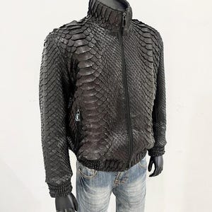 Man&#39;s KING Snakeskin Bomber Jacket, Black Python Leather Jacket For Men, Custom Snakeskin Biker Jacket, Handmade jacket for Man&#39;s