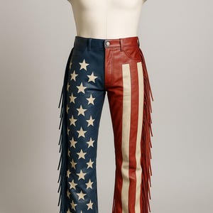Handmade Customized American Leather Fringe Pants 4th of July Festival Pants Patriotic Western Rodeo Pants Unisex Country Concert Costume.