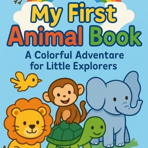 Op de afbeelding: Een kinderboekcover getiteld "My First Animal Book" met een regenboog, een gele vogel en cartoon dieren. De cover toont een leeuw, aap, schildpad en olifant. De tekst luidt "A Colorful Adventure for Little Explorers."