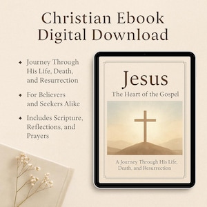 Op de afbeelding: Een digitale download ebook cover met een bruine achtergrond en een kruis op een heuvel. De titel is "Jezus: Het Hart van het Evangelie" en de ondertitel is "Een Reis door Zijn Leven, Dood en Opstanding".