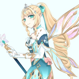 May include: An anime-style illustration of a blonde character with pointed ears, wearing a teal and white outfit with gold accents. The character has large iridescent wings, a high ponytail, and holds a staff topped with a pink flower-like gem.