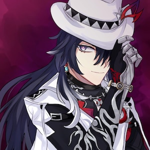 Puede incluir: Ilustración digital de un personaje con cabello largo y negro, que lleva un sombrero blanco con una banda negra, un abrigo blanco y un atuendo con estampado en blanco y negro. El personaje tiene ojos morados y está sonriendo.