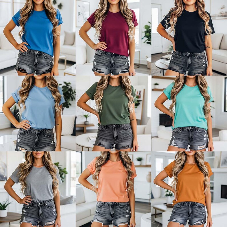 May include: Nine solid-color t-shirts in various shades, including blue, burgundy, black, light blue, green, teal, gray, peach, and brown. Each shirt has short sleeves and is paired with denim shorts. The shirts are displayed on a model.