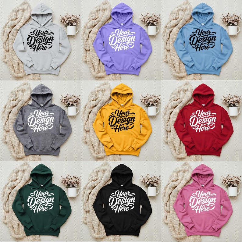 May include: A collection of hooded sweatshirts in various colors, including gray, purple, blue, yellow, red, green, black, and pink. Each sweatshirt features the text "Your Design Here" in a stylized font.