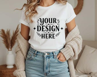 Bella Canvas 3001 White T-Shirt Mockup, Real Model Mock-up