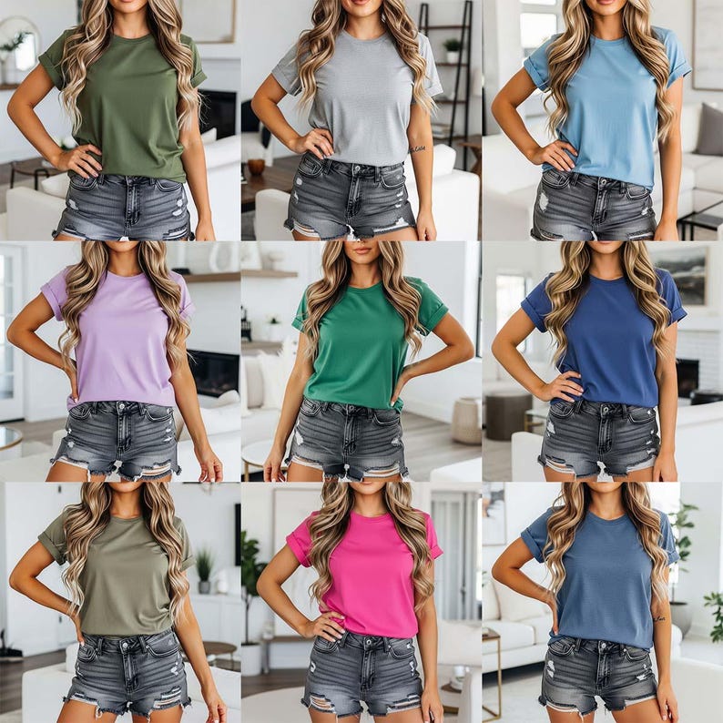 May include: Nine solid-color t-shirts in various shades, including green, gray, blue, purple, and pink. Each shirt has rolled sleeves and is paired with denim shorts. The shirts are displayed on a model.