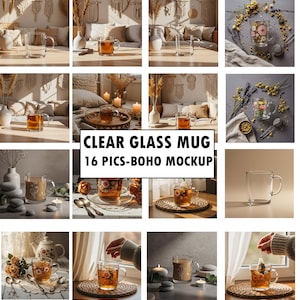 Minimalistisk klar glasmugg mockup-paket — Estetiska boho kaffekoppsmodeller, transparent 28 cl glasmugg, modern minimalistisk muggscen