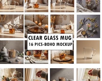 Minimal Clear Glass Mug Mockup Bundle — Aesthetic Boho Coffee Cup Mockups, Transparent 10oz Glass Mug, Modern Minimal Mug Scene