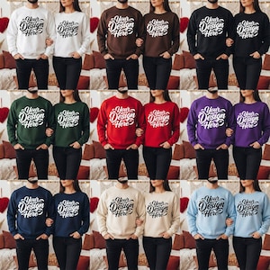May include: A collection of matching sweatshirts in various colors, including white, brown, black, green, red, purple, navy, beige, and light blue. Each sweatshirt features the text "Your Design Here" in a stylized font.