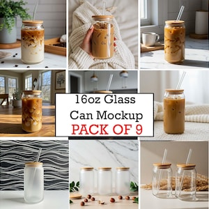 May include: A set of nine 16oz glass can mockups with bamboo lids and clear glass straws. The cans are filled with a light brown liquid, resembling iced coffee. The text "16oz Glass Can Mockup PACK OF 9" is displayed in red.