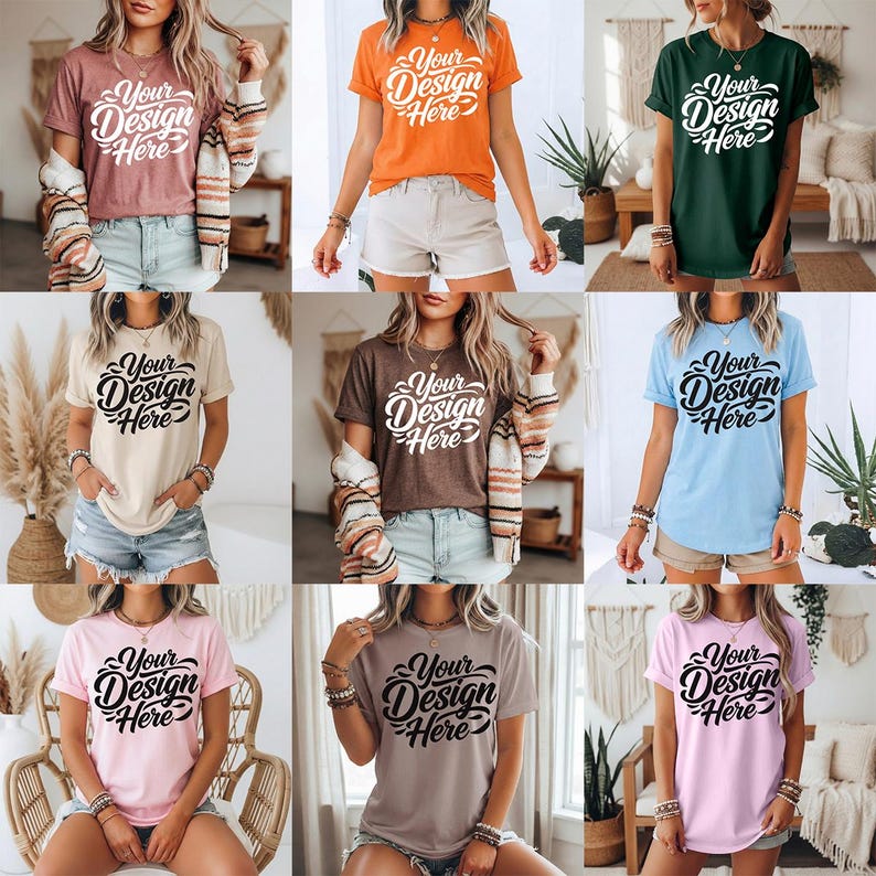 May include: A collection of t-shirts in various colors, including pink, orange, and green. Each shirt features the text "Your Design Here" in a stylized script. The shirts are displayed on models, showcasing the design.