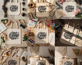 Boho Tote Bag Mockup Bundle, Natural Canvas Flatlay (JPG)
