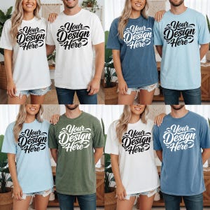 May include: A collection of short-sleeved t-shirts in various colors, including white, blue, and green. Each shirt features the text "Your Design Here" in a stylized font. The shirts are worn by people of different genders.