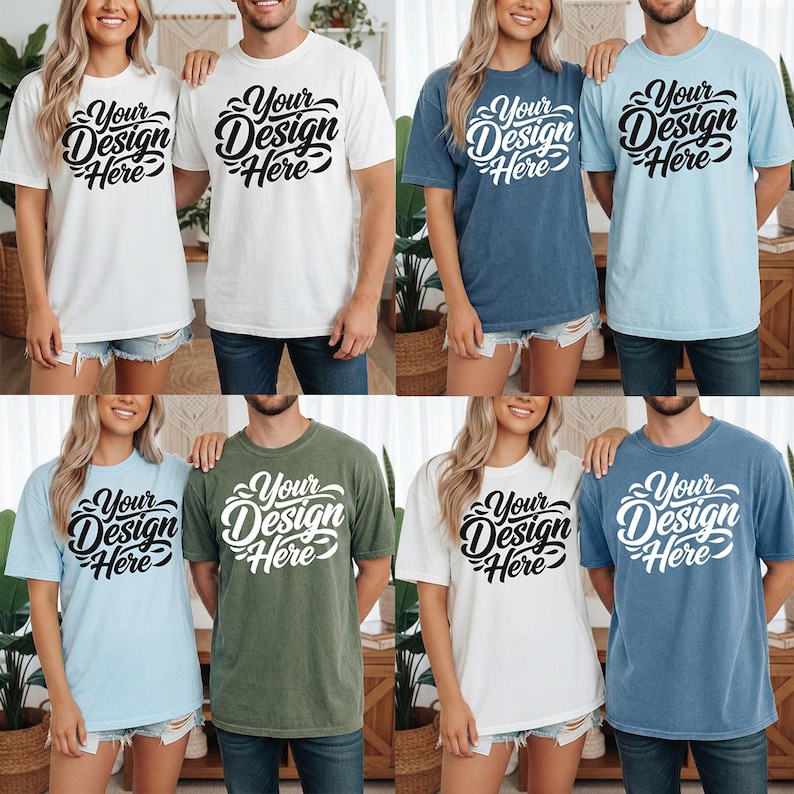 May include: A collection of short-sleeved t-shirts in various colors, including white, blue, and green. Each shirt features the text "Your Design Here" in a stylized font. The shirts are worn by people of different genders.