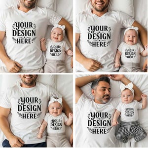 Könnte beinhalten: Weiße, passende T-Shirts für Eltern und Baby, jeweils mit dem schwarzen Text "YOUR DESIGN HERE". Das Baby trägt ein weißes Stirnband mit Schleife und eine Hose. Der Elternteil trägt ein V-Ausschnitt-T-Shirt.