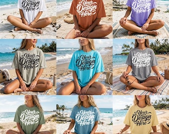 Comfort Colors C1717 50-Colors Beach Mockup Bundle | Oversized Female Model T-Shirt Mockups