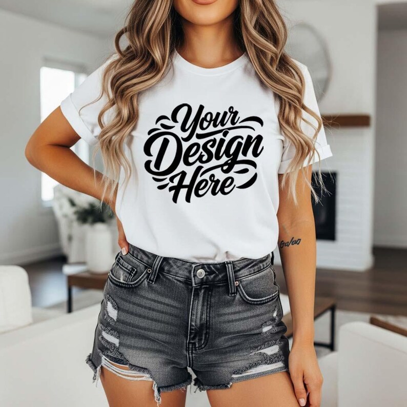 May include: White t-shirt with the text "Your Design Here" in a black, cursive font. The shirt is being worn with denim shorts. The overall aesthetic is casual and modern, suitable for design mockups.
