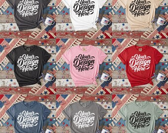 4th of July Comfort Colors C1717 Mockup Bundle, Patriotic Shirt Mockup, USA Independence Day Tee Mockup, Rustic Flat Lay PNG