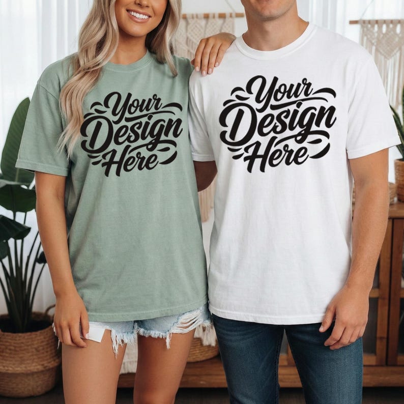 May include: Two people wearing matching t-shirts. One shirt is sage green, the other is white. Both shirts have the text "Your Design Here" in a black, cursive font. The shirts are short-sleeved and appear to be made of a soft material.