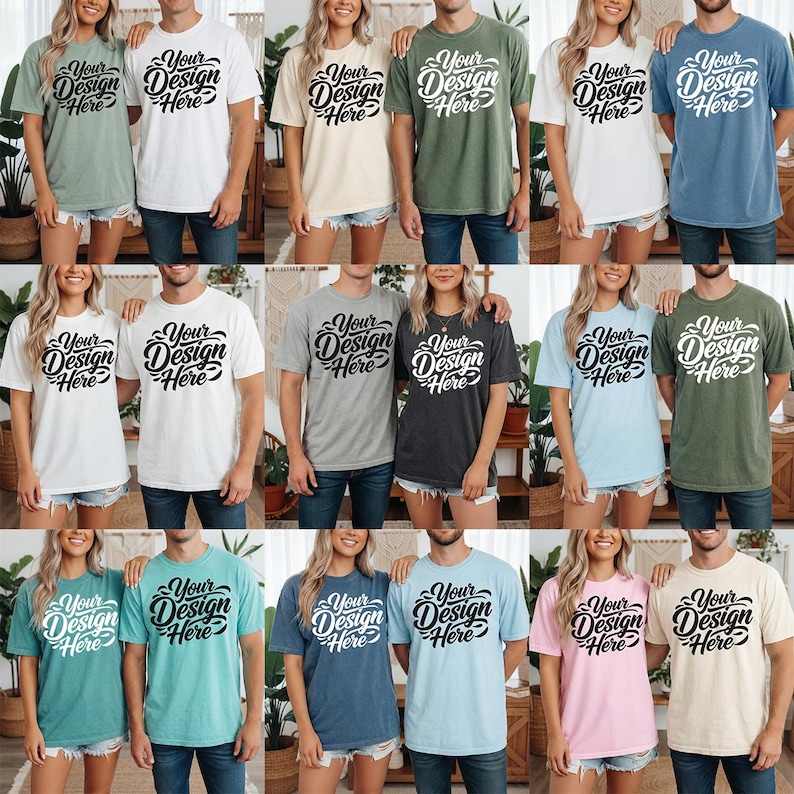 May include: A collection of various colored t-shirts. Each shirt features the text "Your Design Here" in a stylish script. The shirts are displayed on models, showcasing a range of colors including white, green, blue, and pink.