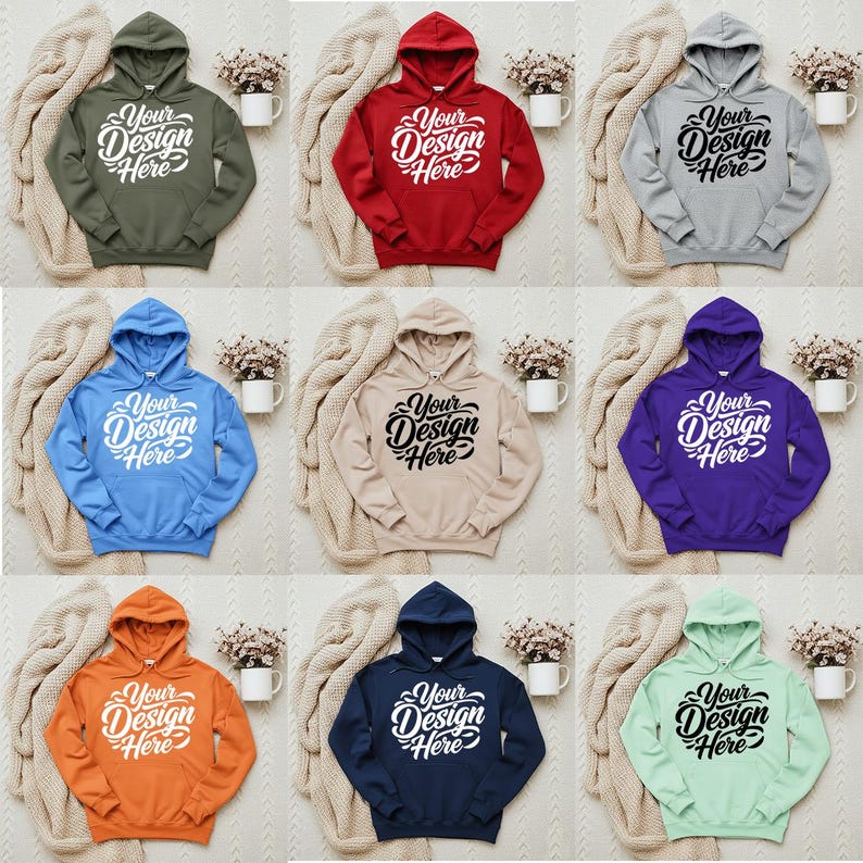May include: Nine hooded sweatshirts in various colors, including green, red, gray, blue, tan, purple, orange, navy, and mint green. Each sweatshirt features the text "Your Design Here" in a stylized font. The sweatshirts are displayed on a neutral background.