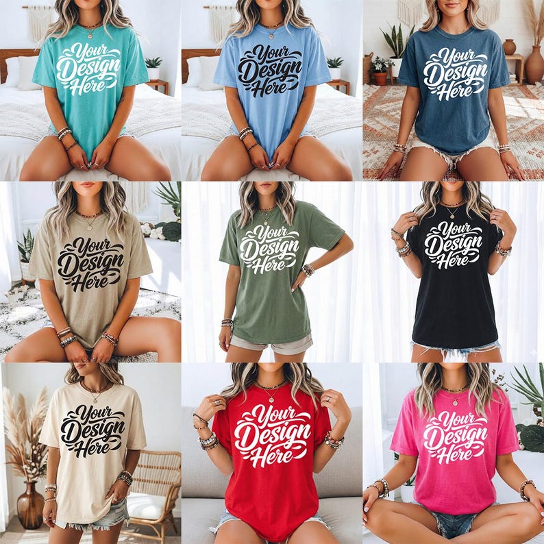 May include: A collection of nine short-sleeved t-shirts in various colors, including teal, light blue, navy, tan, olive green, black, cream, red, and pink. Each shirt features the text "Your Design Here" in a stylized script.