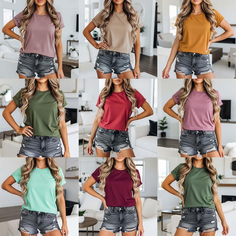 May include: Nine different colored short-sleeved t-shirts. Colors include mauve, tan, mustard yellow, olive green, red, light purple, mint green, burgundy, and dark olive green. Each shirt is paired with denim shorts.