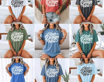 45 colori Comfort Colors 1717 mockup, pacchetto mockup di magliette, pacchetto 1717 colori Comfort, mockup POD, pacchetto mockup di magliette CC con estetica boho