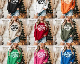 Gildan 18000 Christmas Sweatshirt Mockup Bundle | G180 Crewneck Flat Lay Folded Mock | Trendy Festive Xmas Holiday Aesthetic