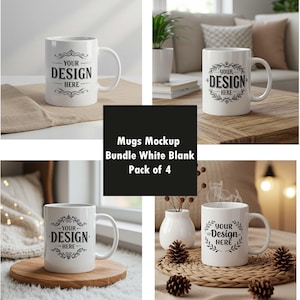 May include: Four white ceramic mugs with black text that reads "Your Design Here" on a white background. The mugs are arranged in a grid pattern on a wooden surface. The text is in a decorative font. The mugs are a mockup for a design project.