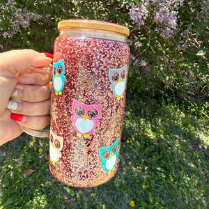 Gobelet boule à neige en verre 16 oz avec poignée - Hiboux, paillettes d&#39;or rose