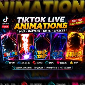 Puede incluir: Una pantalla gráfica digital con animaciones de TikTok Live y etiquetas de texto que incluyen SNIPE, TAP TAP, X2 y MVP. El diseño muestra cinco paneles verticales con efectos de neón vibrantes, guantes de boxeo e iconos de interacción.