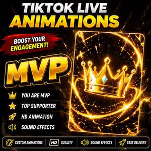 Puede incluir: Un gráfico digital con el texto TIKTOK LIVE ANIMATIONS y MVP en letras doradas. Una tarjeta rectangular brillante muestra una corona dorada con gemas azules rodeada de efectos de luz. Incluye iconos de corona, estrella, cohete y altavoz.