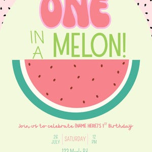One in a Melon 1st Birthday Editable Birthday Invitation Template