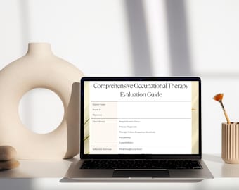 May include: A laptop displays a "Comprehensive Occupational Therapy Evaluation Guide" on its screen. The laptop is open on a white surface, next to a beige vase and a small container holding a paintbrush.