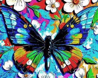 Puede incluir: Una mariposa colorida con alas azules, verdes, rojas y amarillas está rodeada de flores blancas con centros amarillos. El fondo es una mezcla vibrante de azul, rojo y rosa.