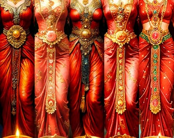 Op de afbeelding: Vijf vrouwen in sierlijke rode en gouden traditionele Indiase kleding, elk versierd met sierlijke sieraden en hoofdtooien. Daaronder gouden potten met kaarsen en offers, die een levendige culturele scène creëren.