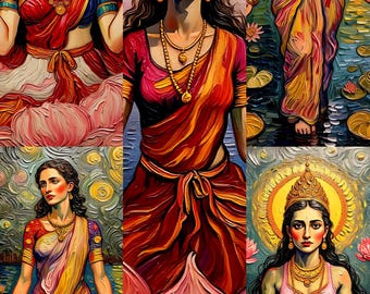 May include: A vibrant artwork featuring multiple panels, each depicting a woman in traditional Indian attire. The women are adorned with gold jewelry and crowns, set against colorful, impressionistic backgrounds. The artwork evokes a sense of spirituality and cultural richness.
