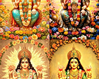 Peut inclure: Quatre images vibrantes d'une divinité, chacune entourée d'une arche florale. La divinité est ornée de bijoux en or et d'une couronne, tenant des fleurs de lotus. Le fond présente une lumière radieuse, et les images sont riches en couleurs.