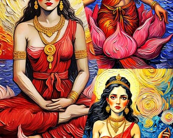May include: An artistic depiction of three women in red attire, adorned with gold jewelry and crowns. They are set against vibrant, swirling backgrounds of yellow, blue, and orange, with lotus flowers in the foreground. The style is reminiscent of classical paintings.