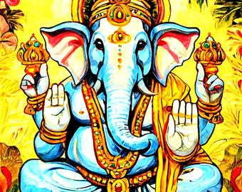 May include: A colorful painting of the Hindu deity Ganesha, depicted with a blue body, a large elephant head, and a golden crown. He is sitting in a meditative pose with his hands in a gesture of blessing. The background is a vibrant yellow with floral accents.