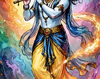 May include: A watercolor-style illustration of a blue-skinned figure with long dark hair playing a golden flute. The figure wears yellow trousers, a blue sash, and ornate gold jewelry against a vibrant, swirling background of rainbow colors.
